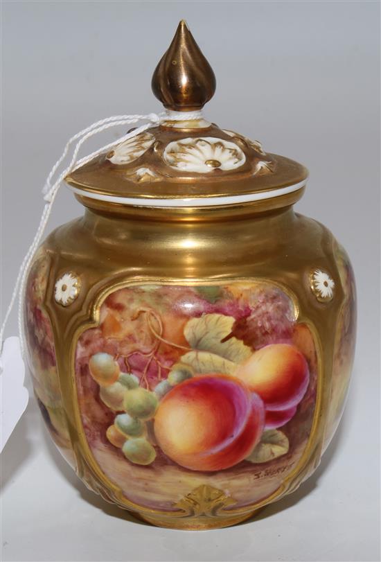 Royal Worcester fruit painted pot pourri vase and cover, by Skerrett (a/f)